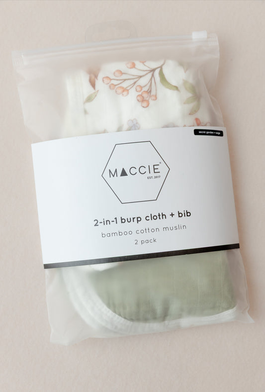 2-in-1 Burp Cloth + Bibs (2 Pack) - Secret Garden + Sage Green