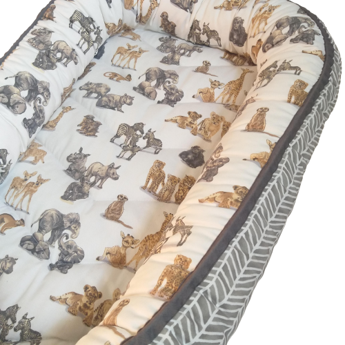Babynest – Baby Wild Animals + Grey Leopard Print + Grey Trim