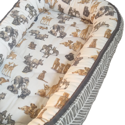 Babynest – Baby Wild Animals + Grey Leopard Print + Grey Trim