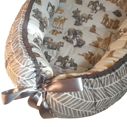 Babynest – Baby Wild Animals + Grey Leopard Print + Grey Trim