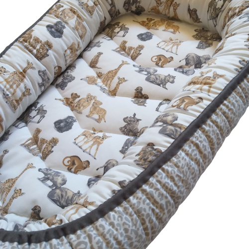 Babynest – Baby Wild Animals + Grey Leopard Print + Grey Trim