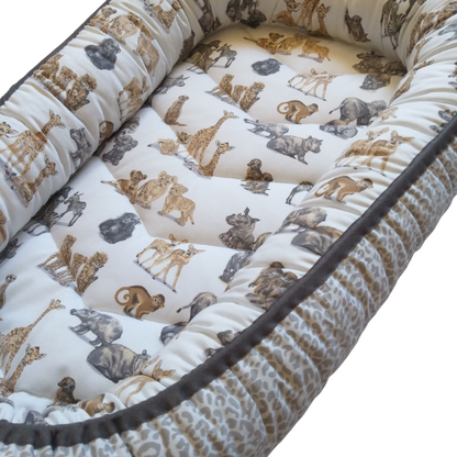 Babynest – Baby Wild Animals + Grey Leopard Print + Grey Trim