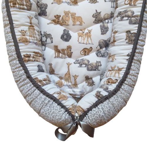 Babynest – Baby Wild Animals + Grey Leopard Print + Grey Trim