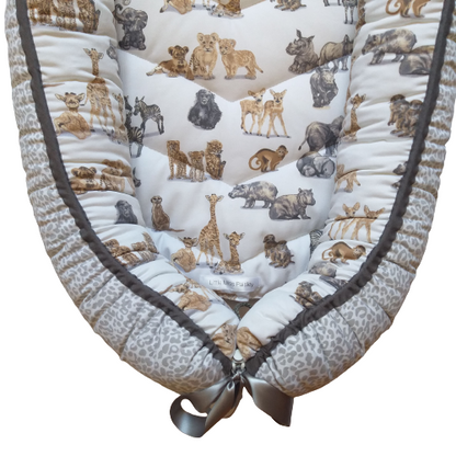 Babynest – Baby Wild Animals + Grey Leopard Print + Grey Trim