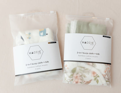 2-in-1 Burp Cloth + Bibs (2 Pack) - Secret Garden + Sage Green