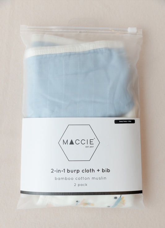 2-in-1 Burp Cloth + Bibs (2 Pack) - Beep Beep + Blue