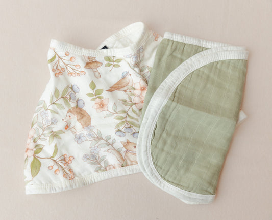 2-in-1 Burp Cloth + Bibs (2 Pack) - Secret Garden + Sage Green